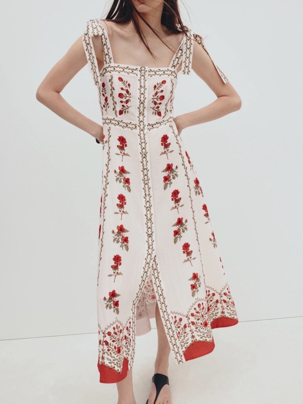 NWT H&M Tie strap viscose-blend dress cream red floral
